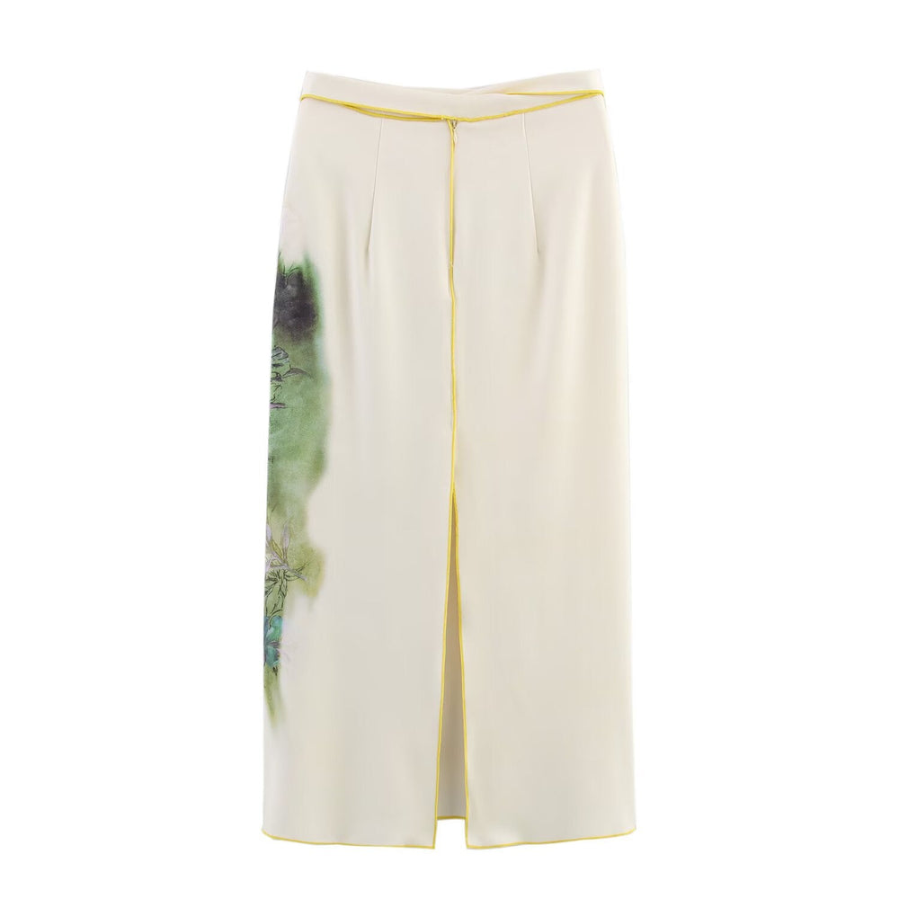 Summer Women Elegant Printed Satin Midi Skirt