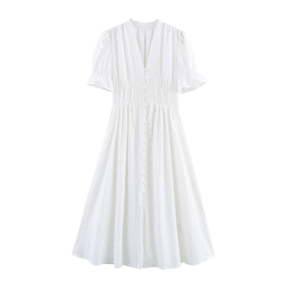 Elegant Hollow Out Cutout Embroidered Waist Slimming V Neckline Breasted Short Sleeve Dress