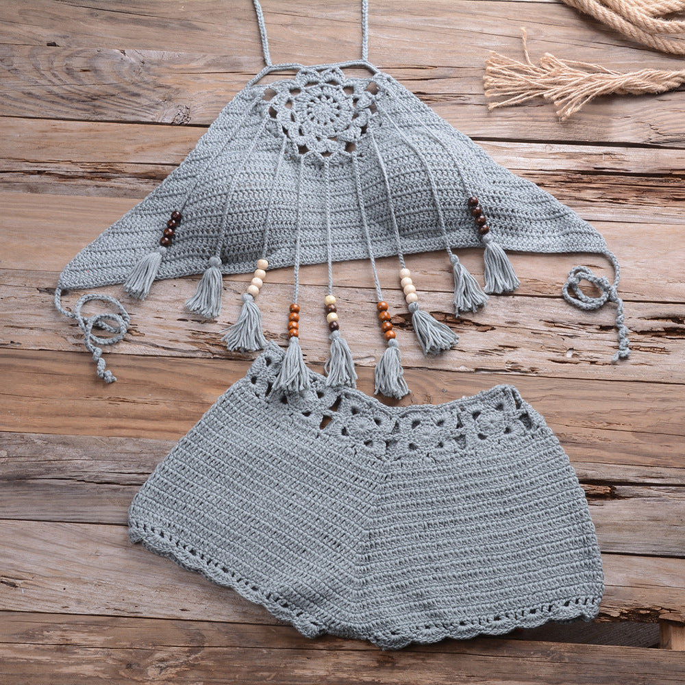 Hand-Wrapped Chest Bohemian Tassel Hollow Out Cutout Bikini Matching Hollow Out Cutout Stretch Shorts