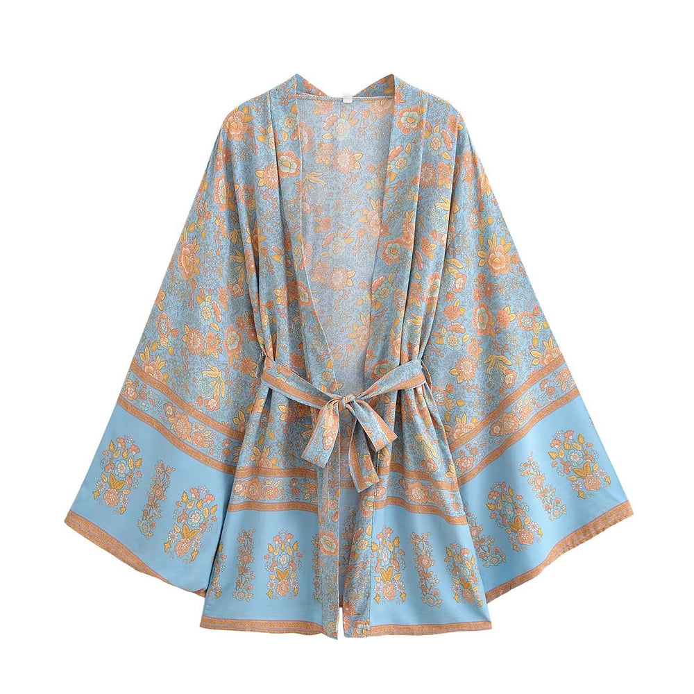 Women Clothing Summer Rayon Printed Waist Belt Casual Loose Beach Kimono Jacket