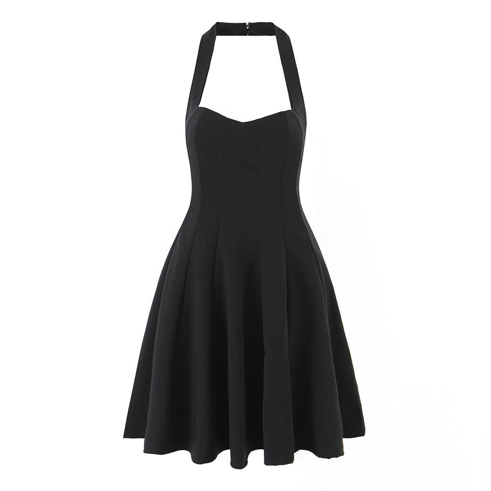 Summer Hepburn Gold Elegant Little Black Dress Women Waist Trimming Lace up Sexy Halter Dress