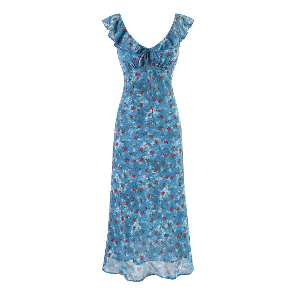 Women Clothing Summer Holiday Blue Printed Ruffled Waist Dress