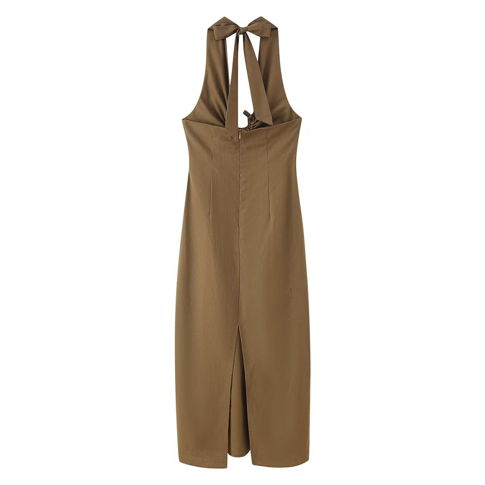 Women Clothing Spring Buckle Decoration Pleated Hanging Collar Dress