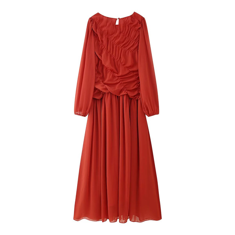 Summer Women Clothing Pleated round Neck Slimming Long Sleeves Women Maxi Dress