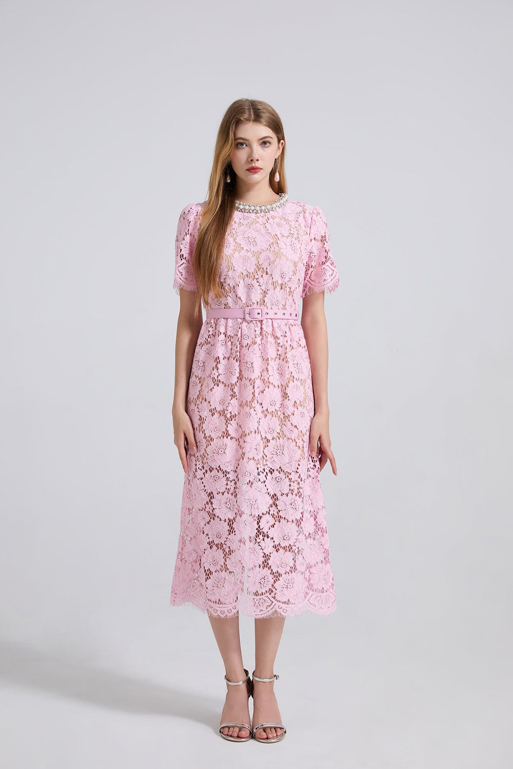 Women Spring Summer Lace Round Neck Dress