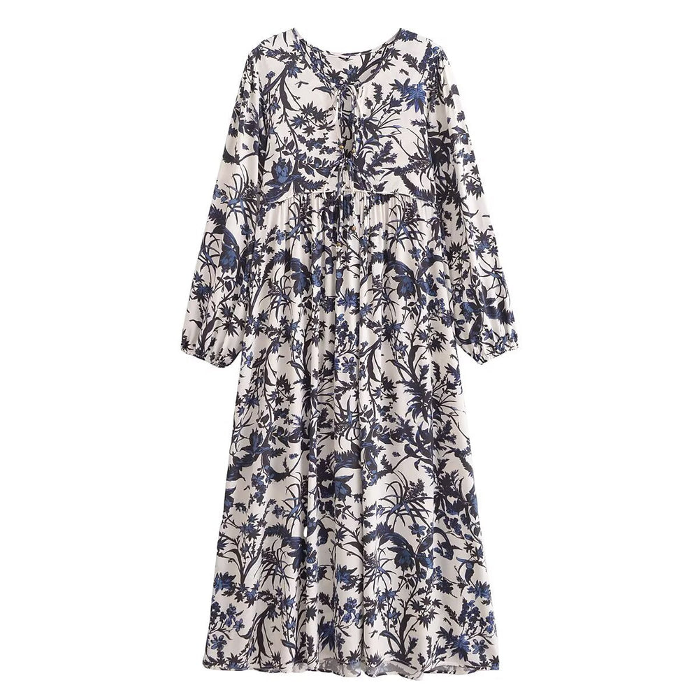 Rayon Printed Casual Bohemian Long Sleeve Dress Summer French Retro Elegant Midi Dress