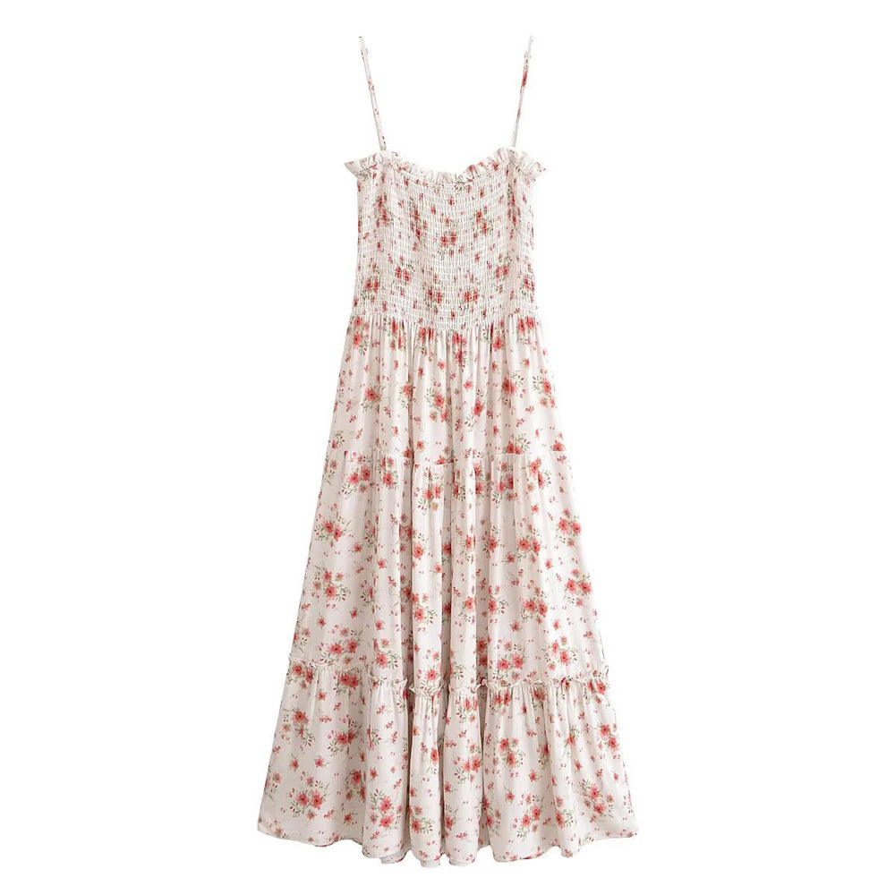 Rayon Printed Elastic Chest Wrapped Beach Casual Sling Dress Summer Waist Controlled Midi Dress