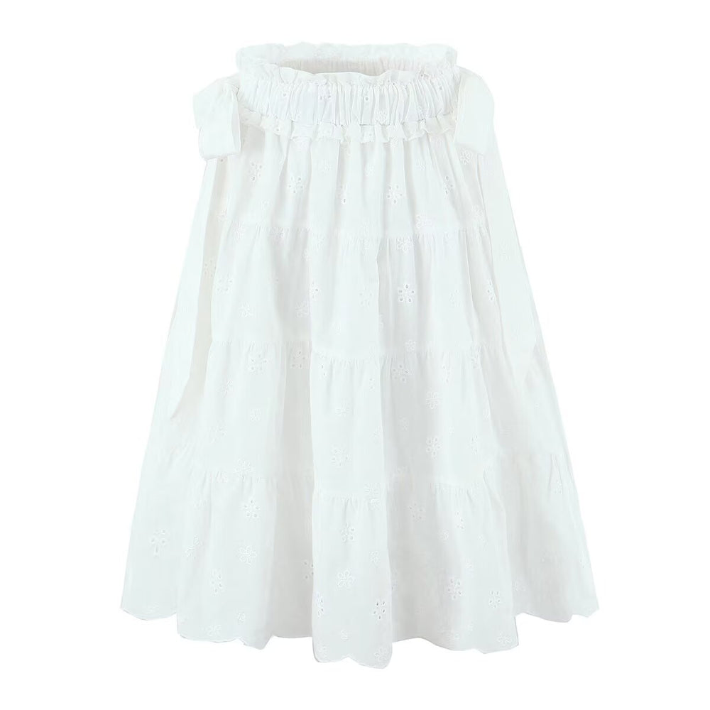Gentle Sweet Cutout Embroidered Big Hem A line Skirt White Skirt Spring Summer High Waist Midi Skirt