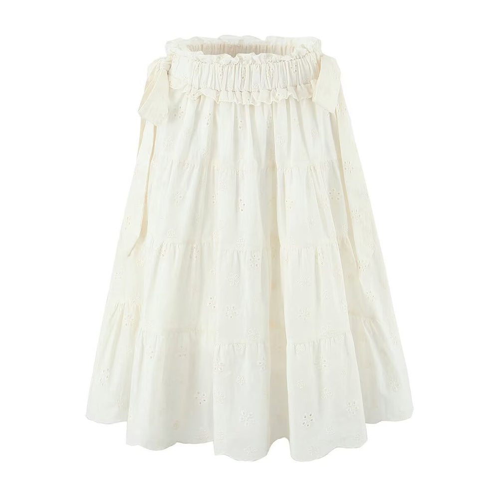 Gentle Sweet Cutout Embroidered Big Hem A line Skirt White Skirt Spring Summer High Waist Midi Skirt
