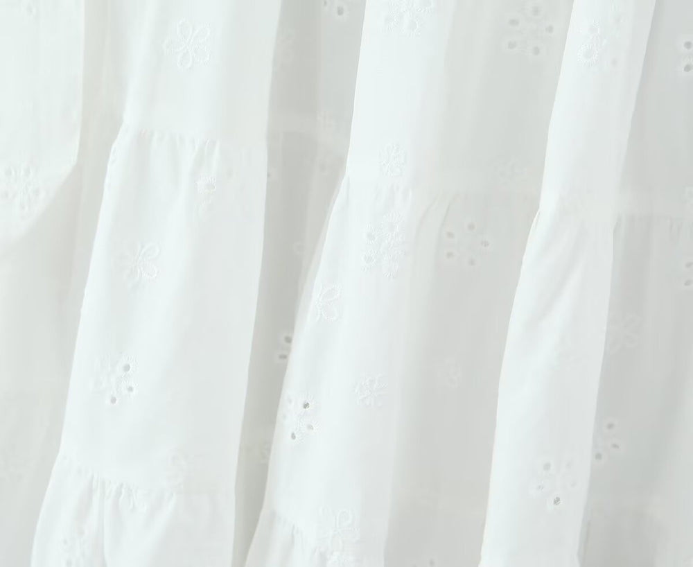 Gentle Sweet Cutout Embroidered Big Hem A line Skirt White Skirt Spring Summer High Waist Midi Skirt
