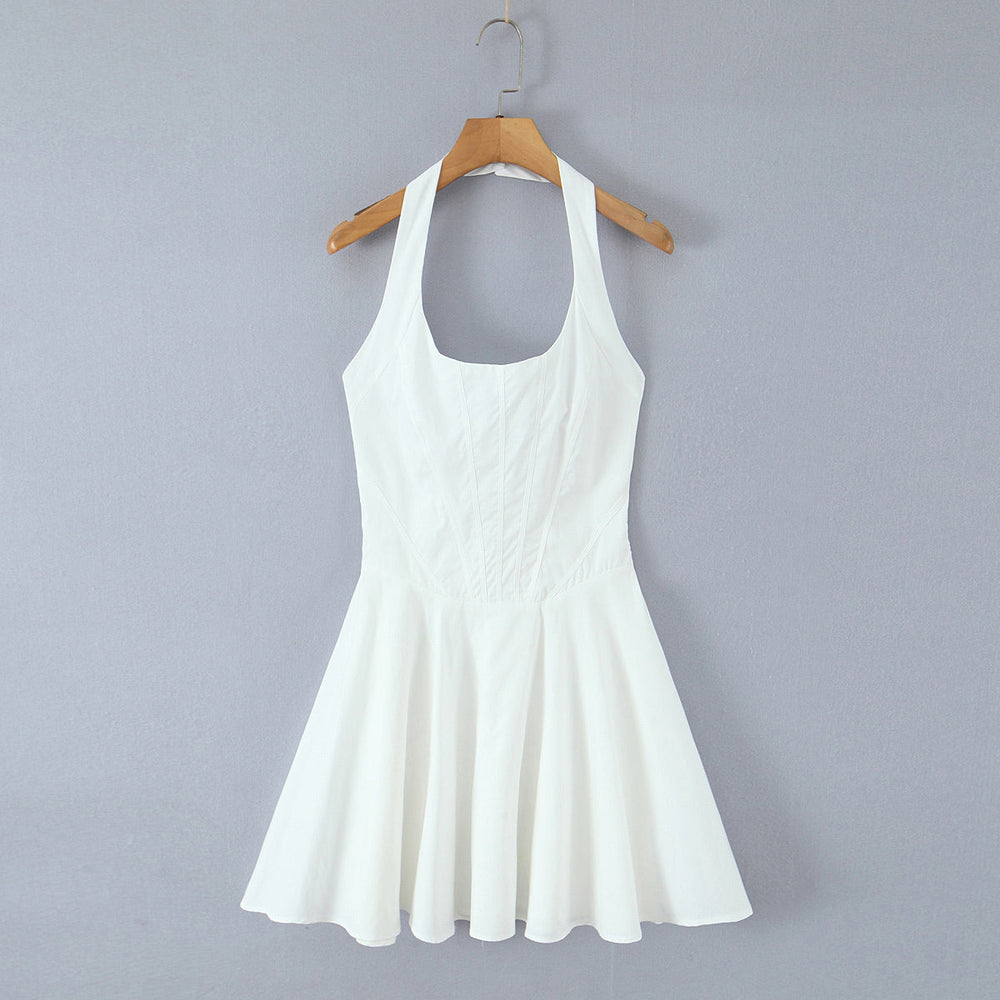Summer Solid Color Elegant Green Sexy Waist Trimming Simple Halter Back Tied Dress