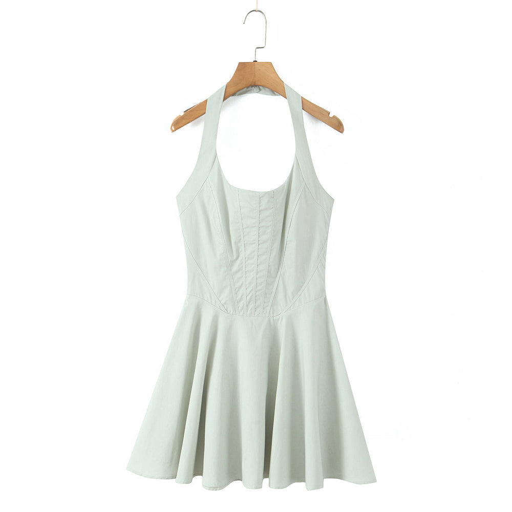 Summer Solid Color Elegant Green Sexy Waist Trimming Simple Halter Back Tied Dress