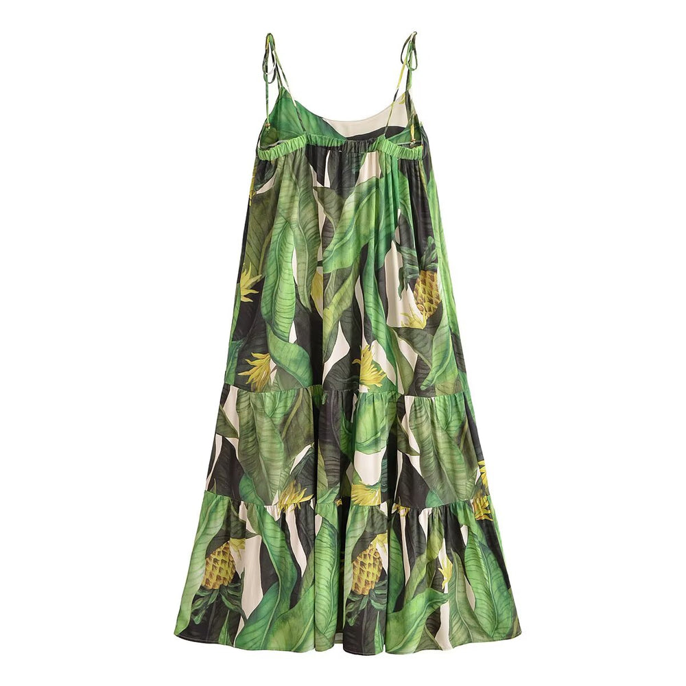 Summer Wind Women Rayon Printed Bohemian Plant Ruffled Spaghetti Straps Dress