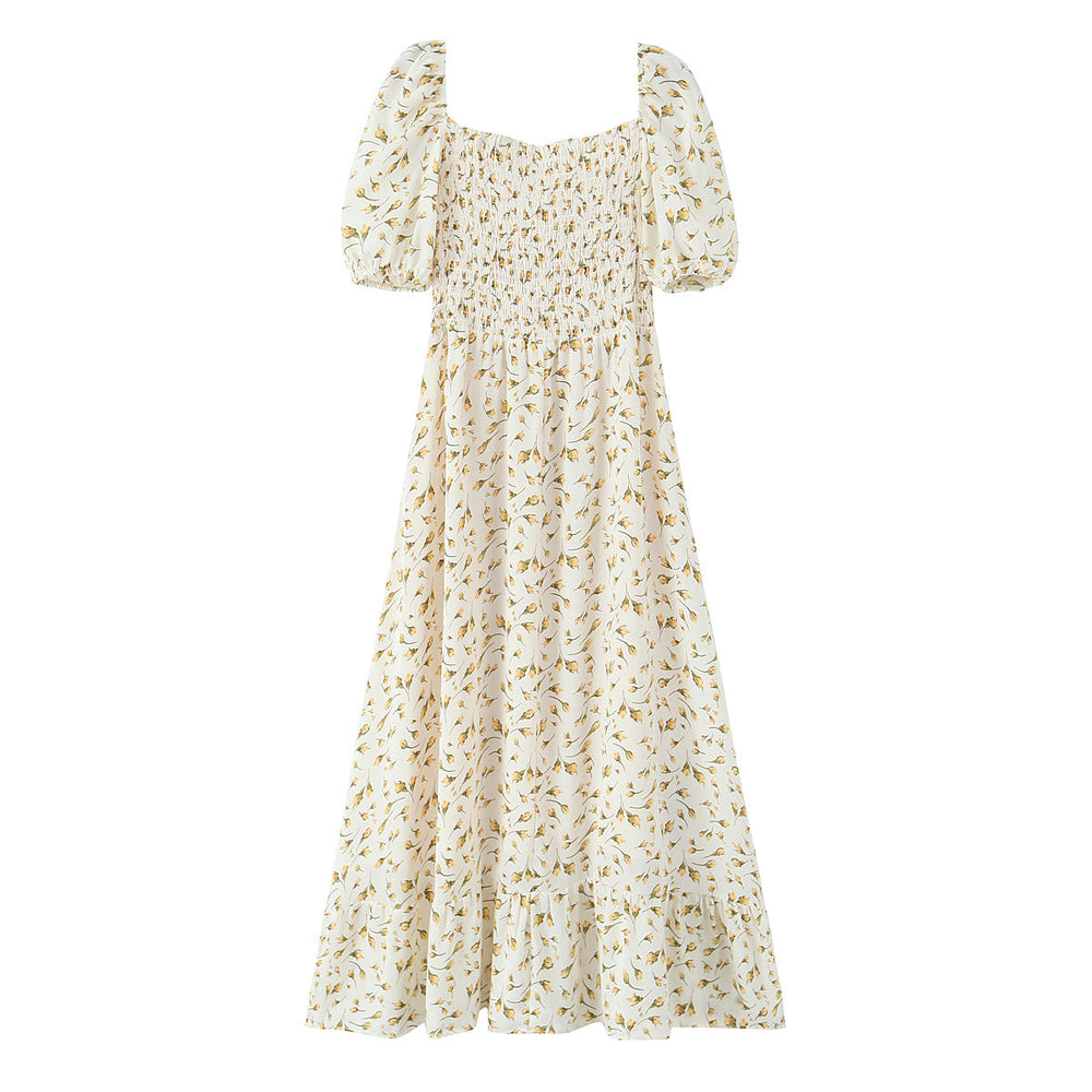 Summer Wind Women Clothing Palace Small Floral Print Square Collar Puff Sleeve Split Dress