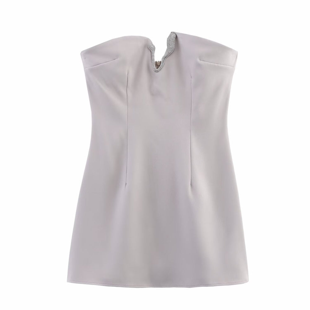Women Clothing Autumn Socialite Slim Fit Rhinestone Ornament Tube Top Short Type Dress