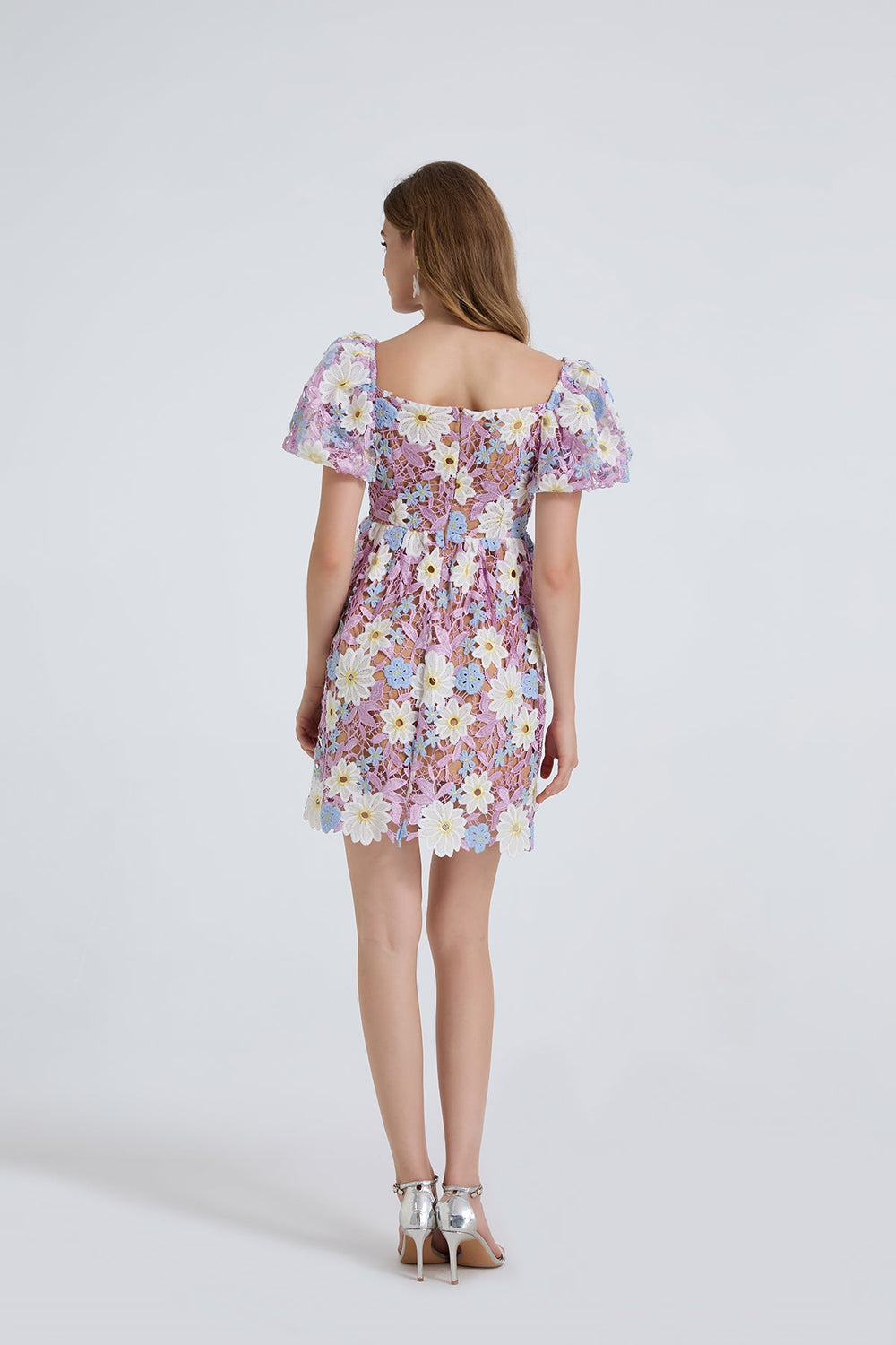 Women Summer Lace Embroidered Puff Sleeve Dress