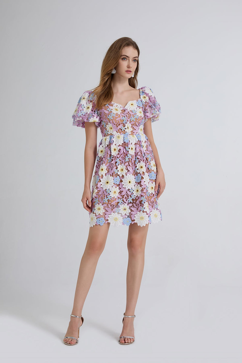 Women Summer Lace Embroidered Puff Sleeve Dress