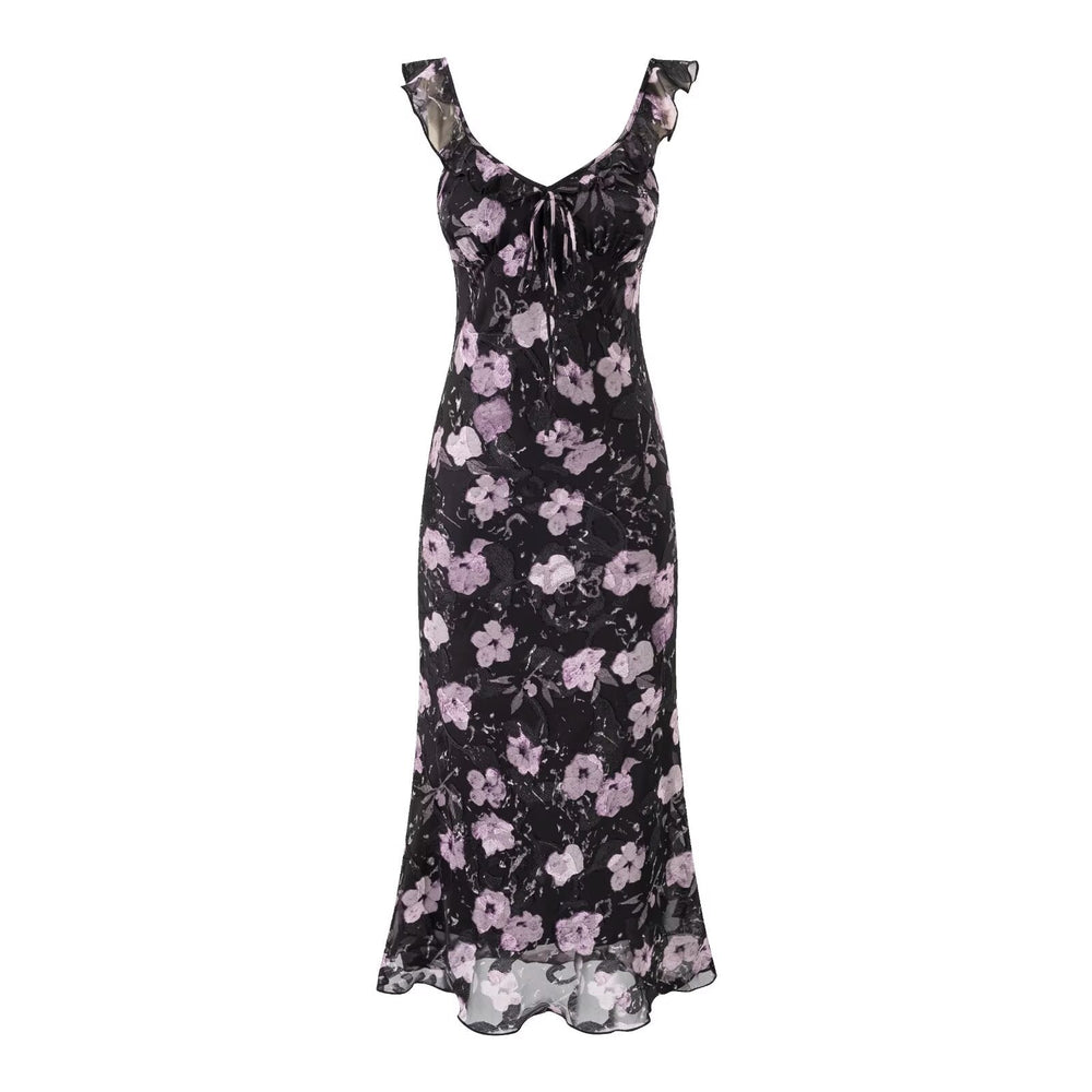 Vacation Ruffled V neck Lace up Printed Fishtail Suspender Skirt Waisted Slim Fit Package Hip Maxi Dress