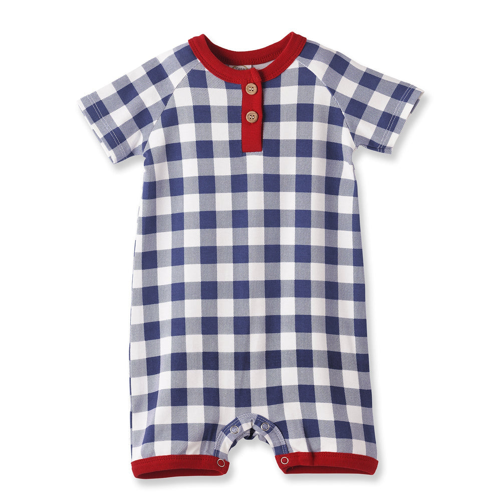 Picnic Plaid Bamboo Henley Shortall Romper for Baby Boys Tesa Babe