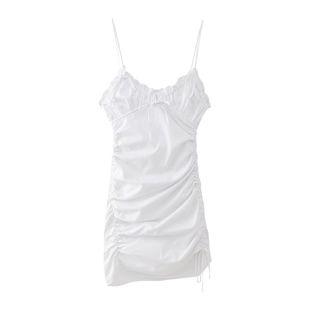 Summer Women Clothing Slim Fit Bow Decorative Pleated Short Dress