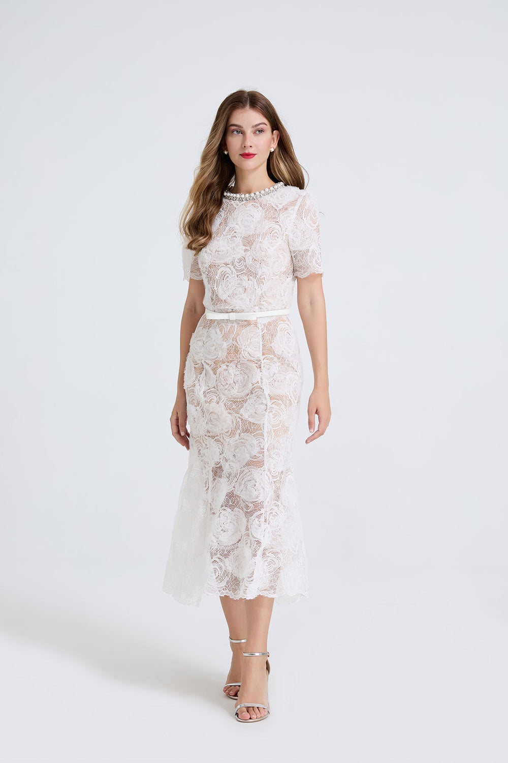 Women Sheer Lace Beaded Rhinestone Studded Fitted Fishtail Dress