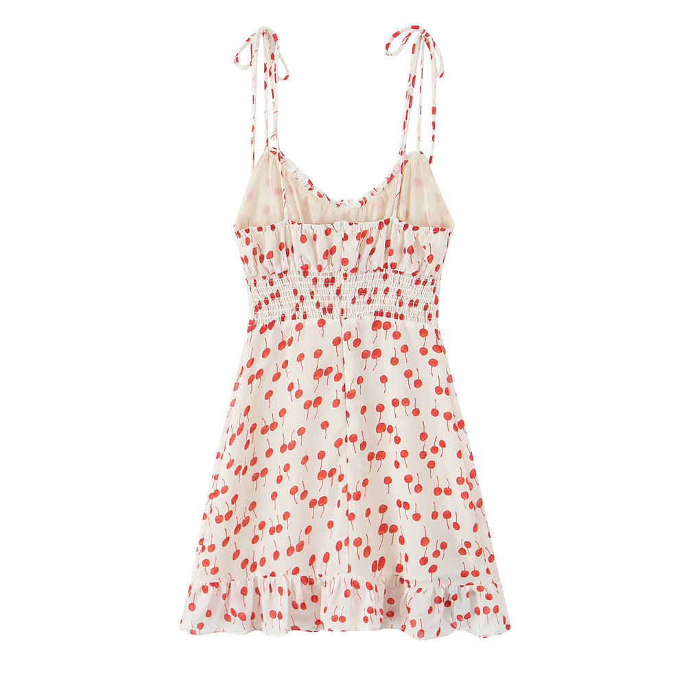 Spring Summer Sweet Printed Chic Wooden Ear Suspender French V neck Slim Short Dress