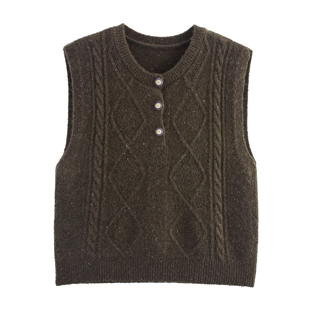 Women Clothing Autumn Sequined Diamond round Neck Half Cardigan Knitted Vest