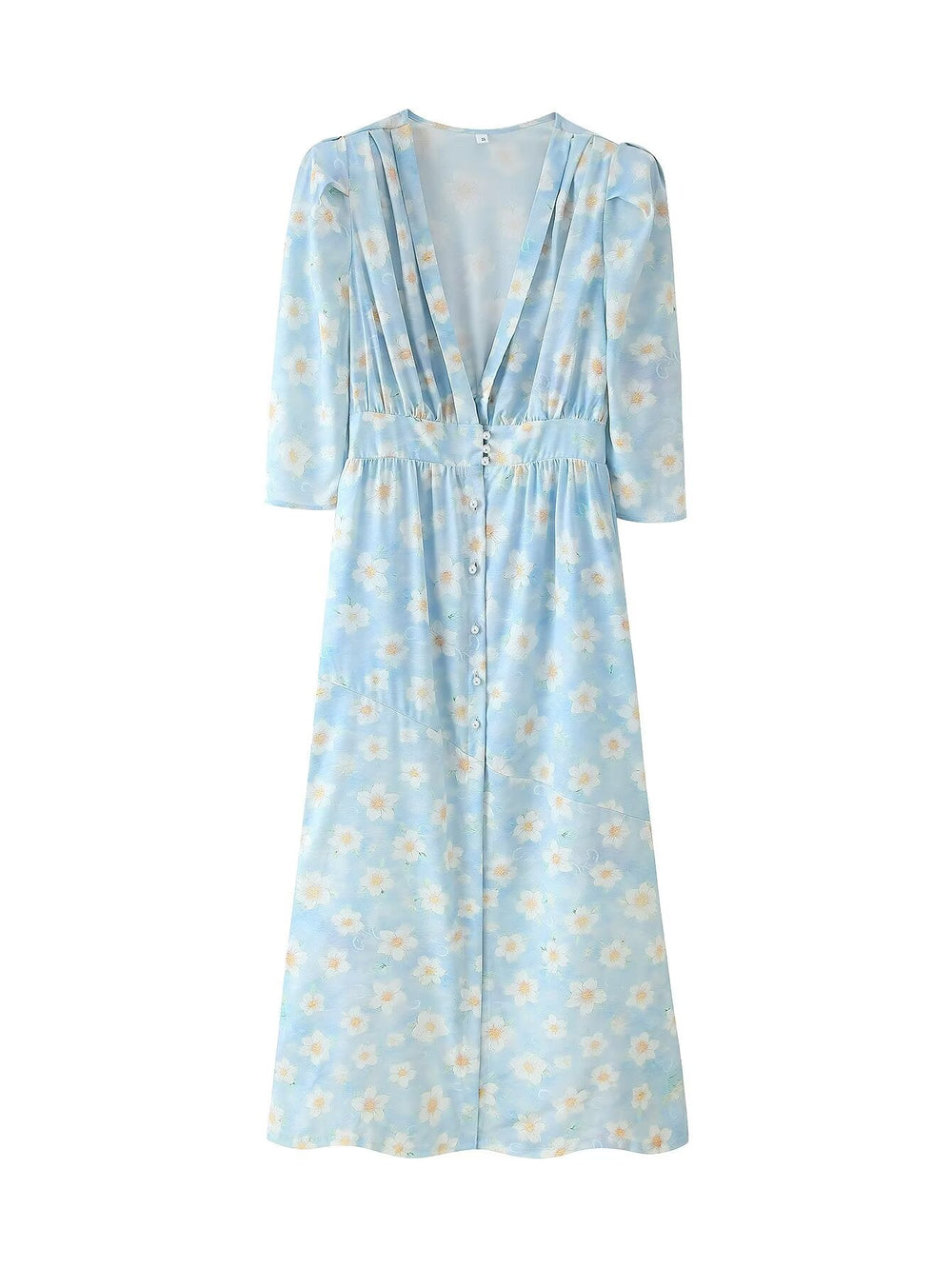 Summer Women Clothing Refined Stylish Simple V neck Printed Puff Sleeve Pearl Buckle Dress