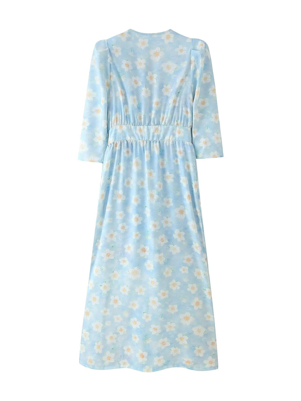 Summer Women Clothing Refined Stylish Simple V neck Printed Puff Sleeve Pearl Buckle Dress