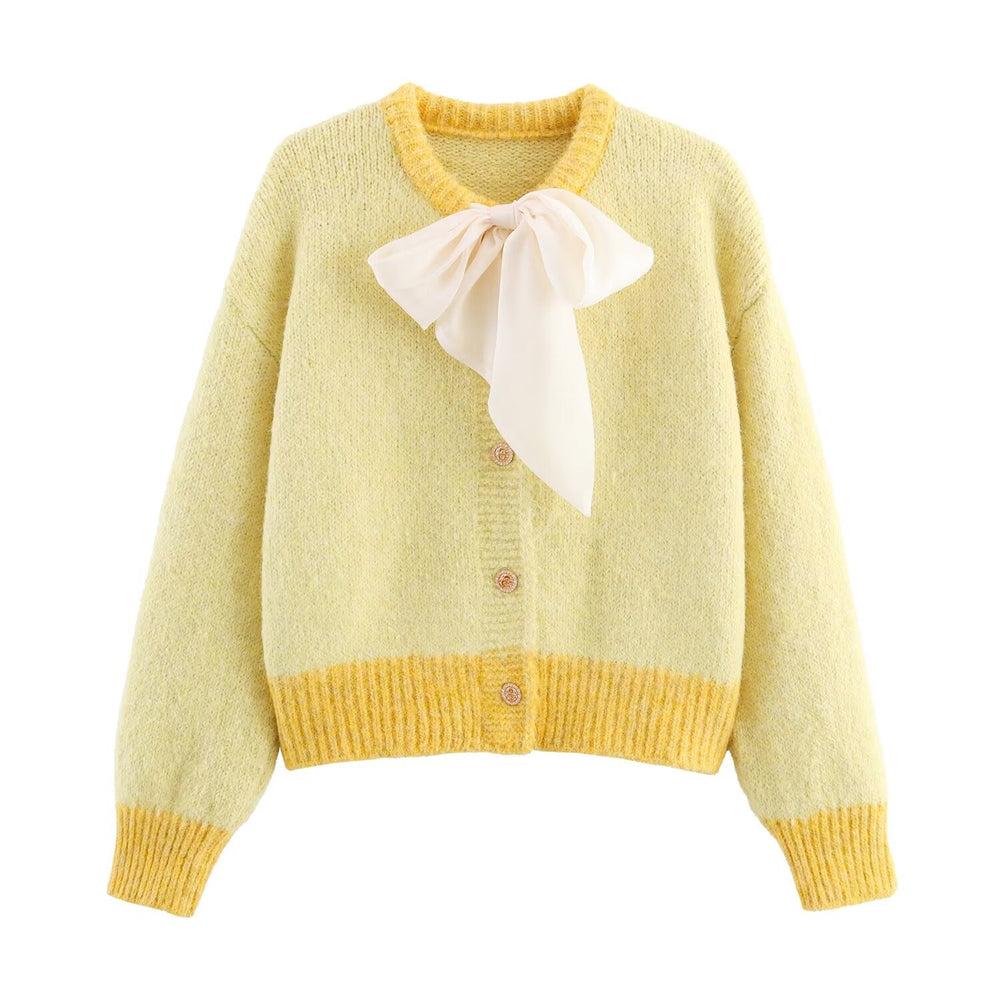 Women Clothing Fall round Neck Long Sleeve Bowknot Decorative Knitwear Coat