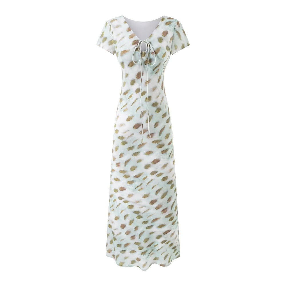 Summer Women Clothing Vacation Elegant V neck Lace up Short Sleeve Printed Dress