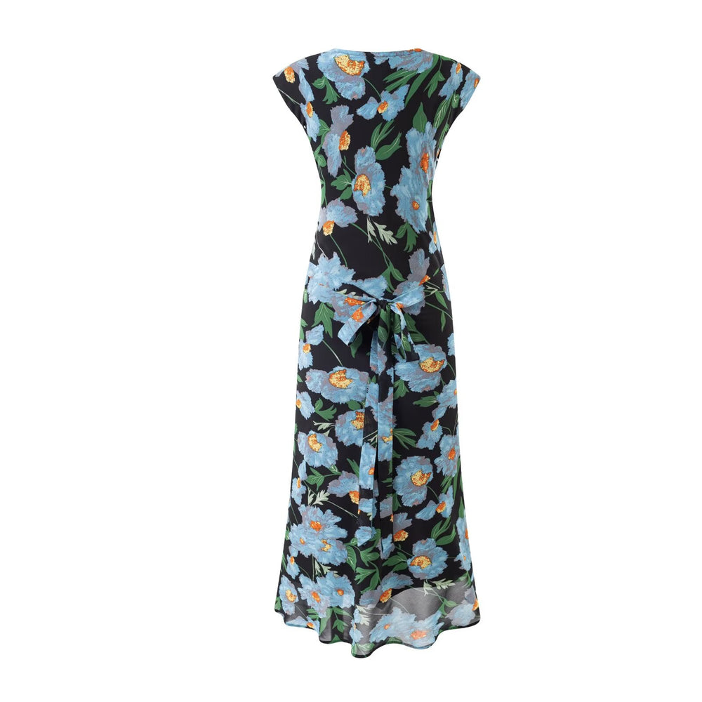 Summer Printed V neck Bow Lace up Slim Fit Mid Length Dress
