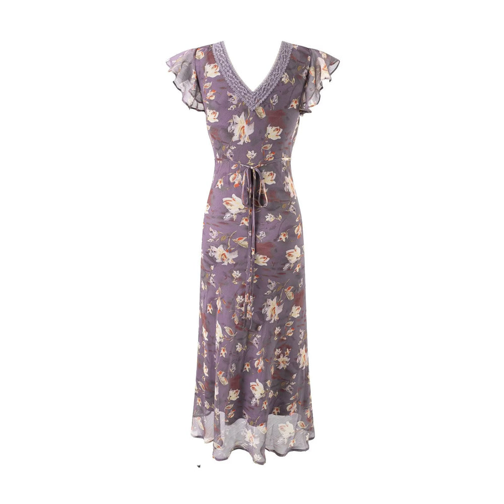 Summer Elegant Romantic Flying Sleeve Lace V neck Patchwork Long Floral Slim Fitting Dress