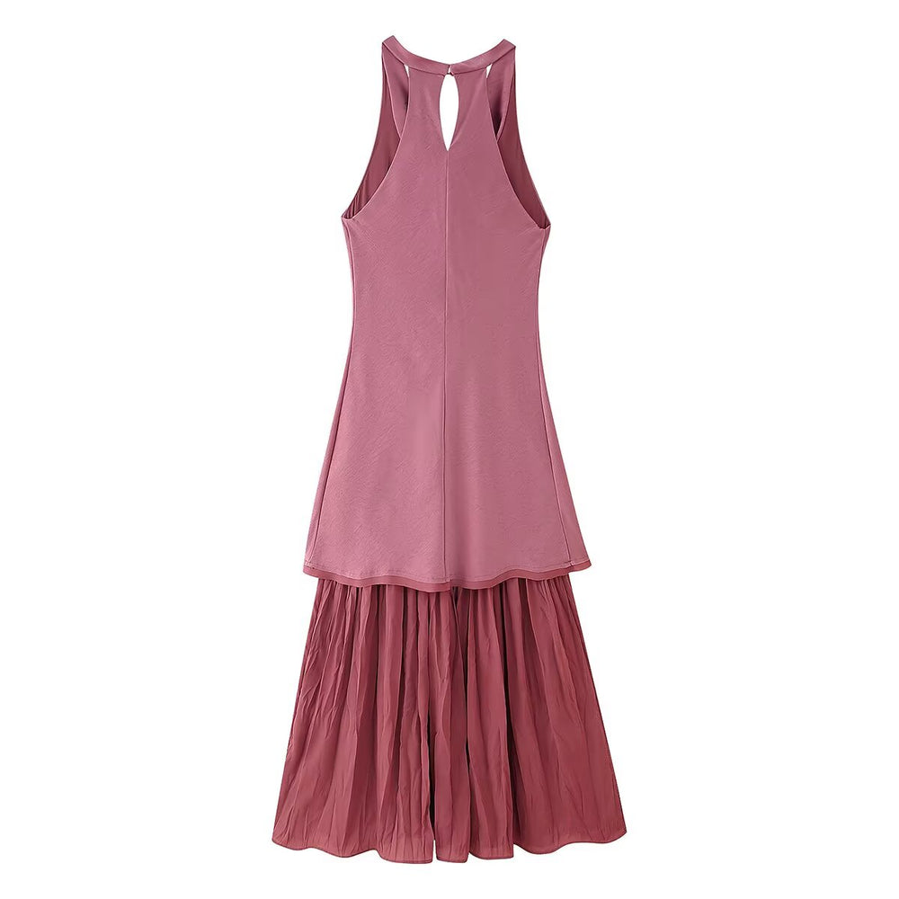 Women Summer Sleeveless Pleated Stitching Midi Dress