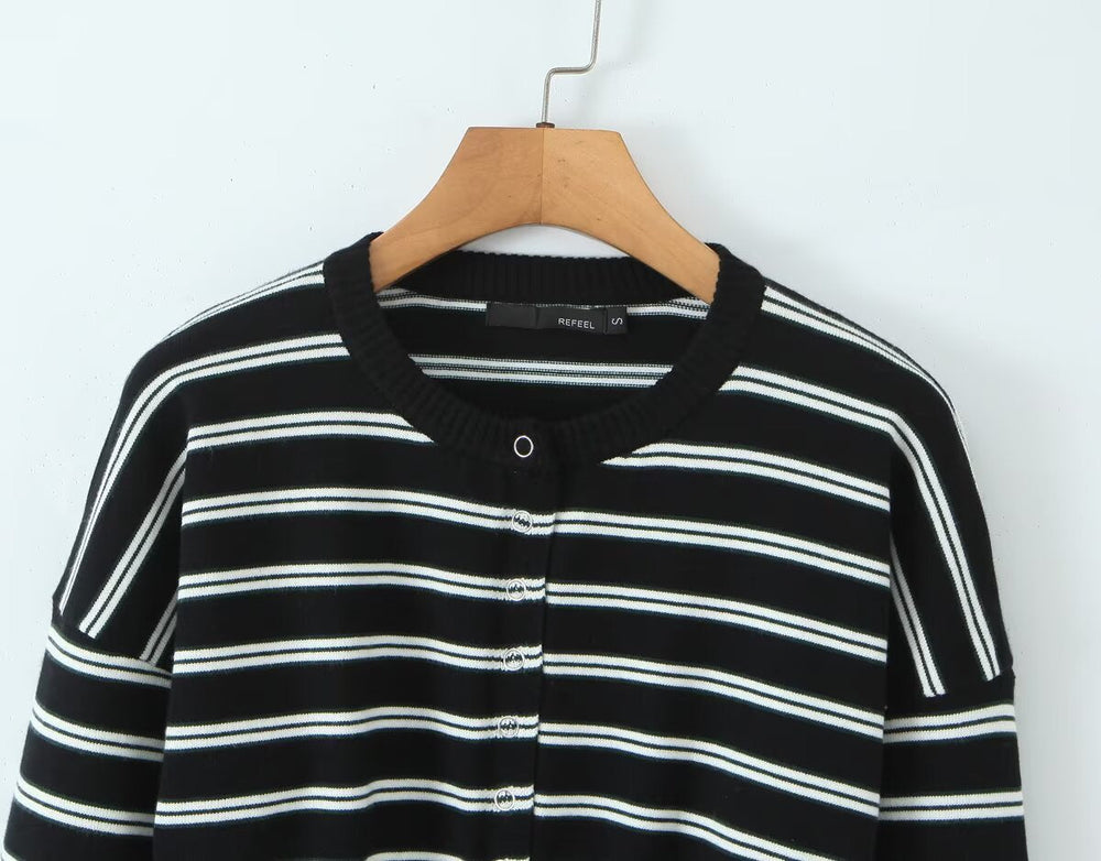 Fall Striped Sweater Top Sexy Slim Slimming Single Breasted Cardigan Coat for Women
