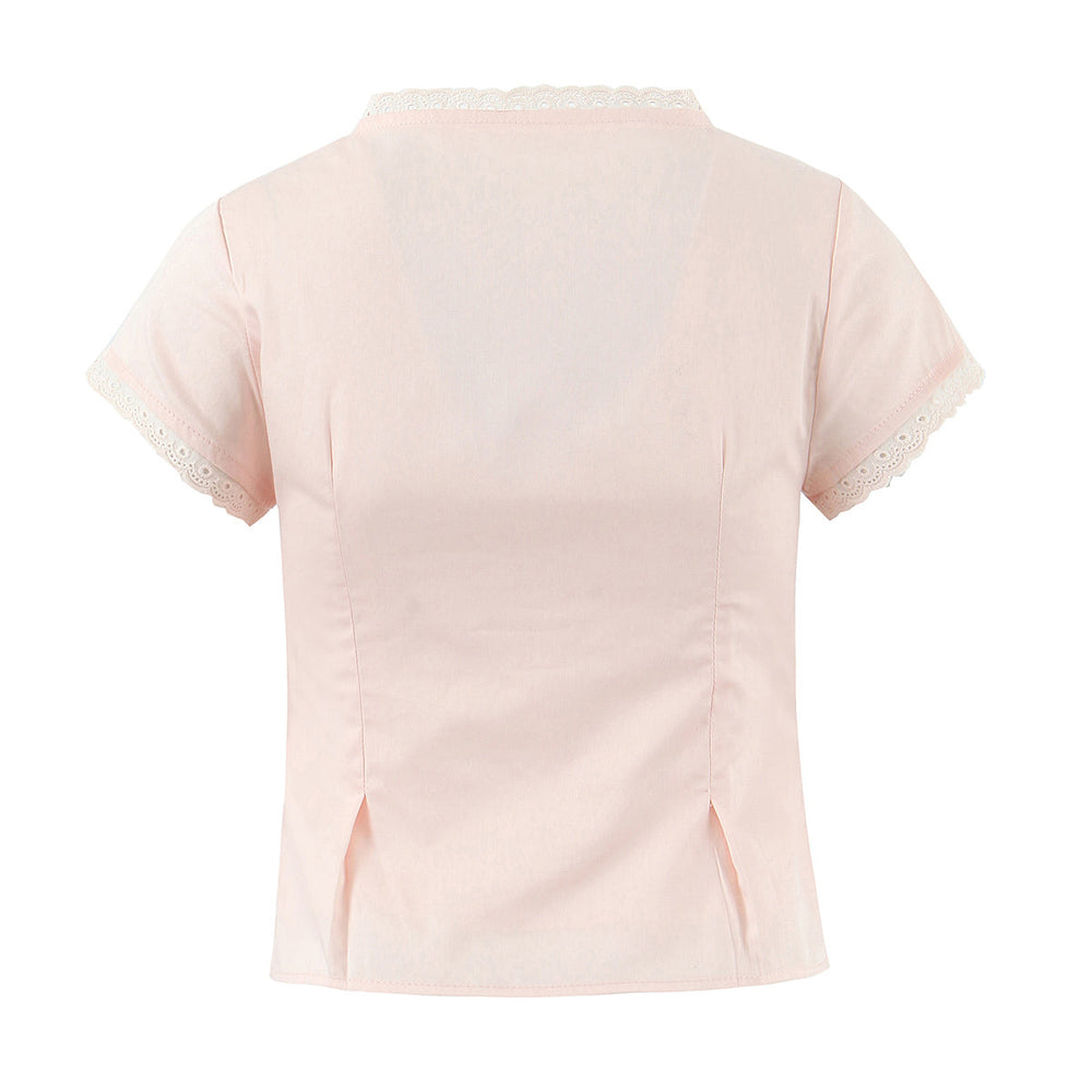 Women Lace Flying Sleeve Top Stitching High Waist Elastic Waist Skirt Sets