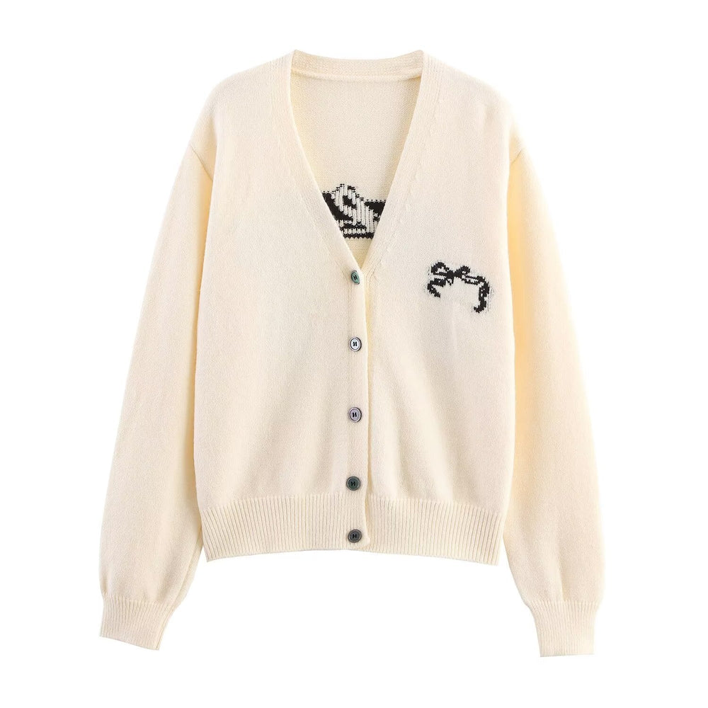 Autumn Women Casual All Match Loose Bow Ribbon Jacquard Sweater