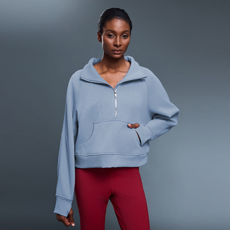 Sports Sweater Women Autumn Winter Fleece lined Half Open Zipper Turtleneck Pullover Outer Wear Warm Jacket