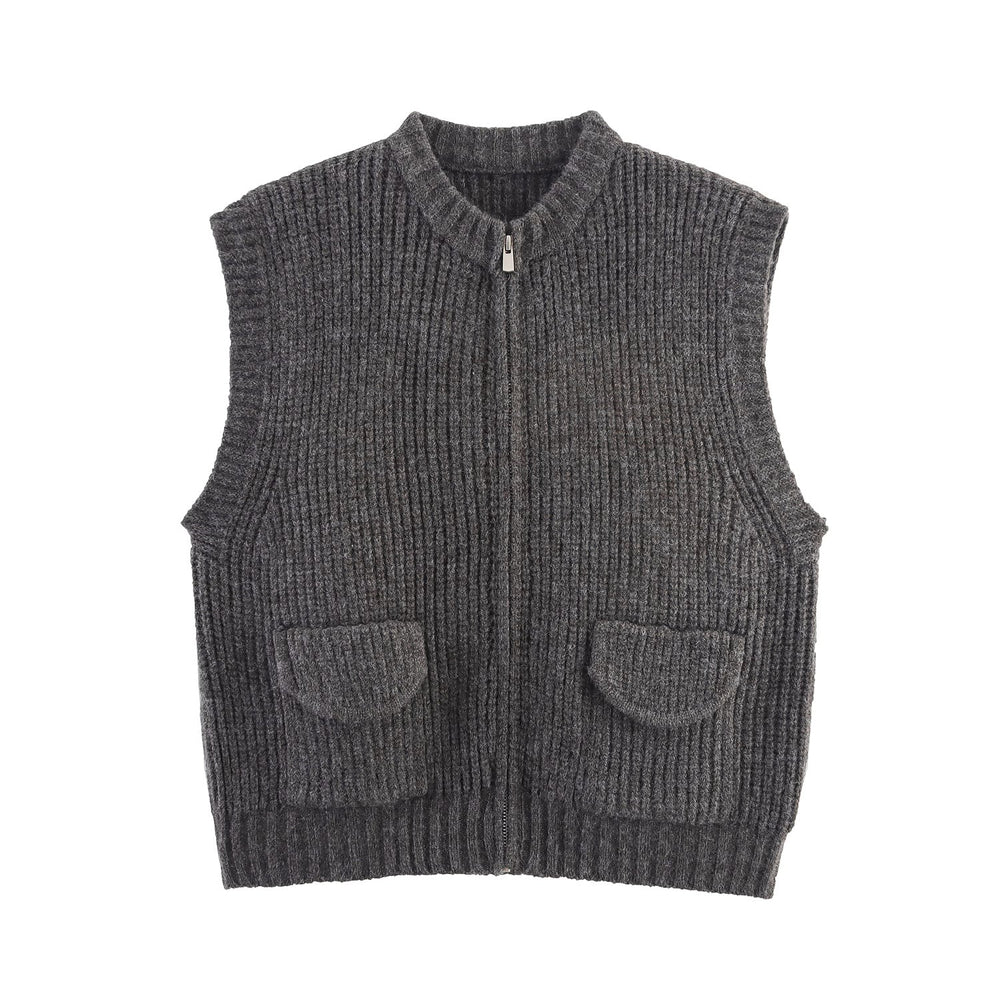 Fall Women Clothing Thick Needle round Neck Pocket Knitted Sweater Zipper Cardigan Vest