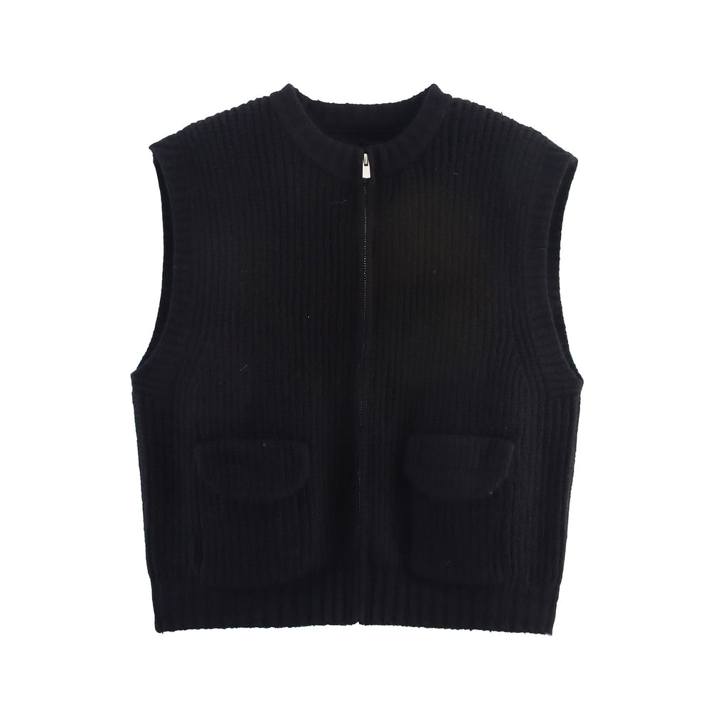 Fall Women Clothing Thick Needle round Neck Pocket Knitted Sweater Zipper Cardigan Vest
