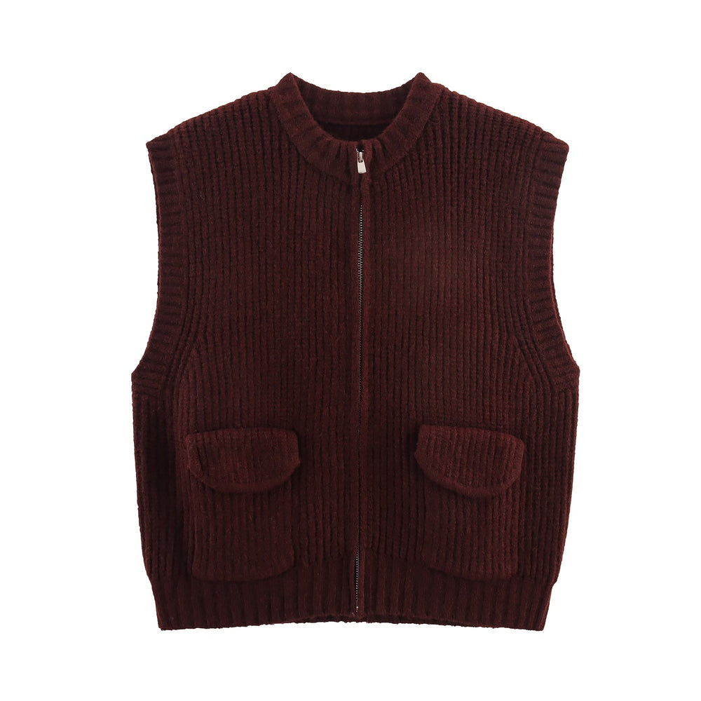 Fall Women Clothing Thick Needle round Neck Pocket Knitted Sweater Zipper Cardigan Vest