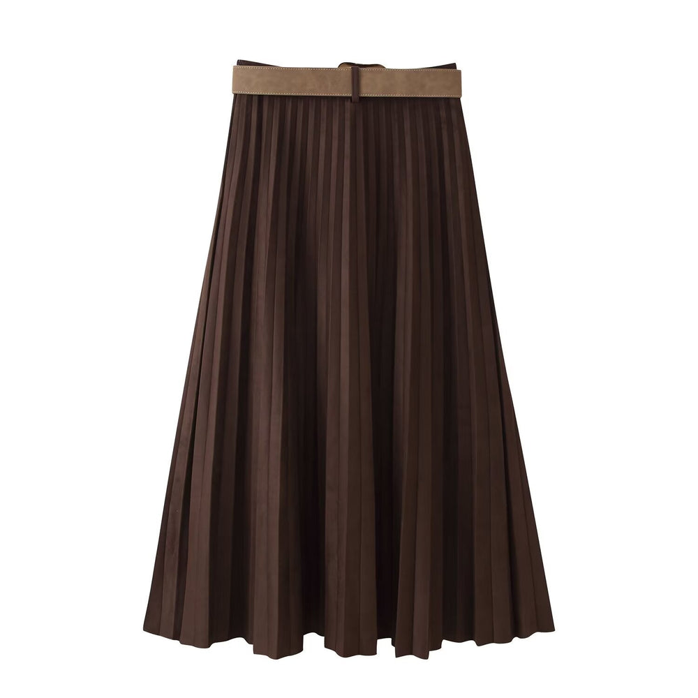 Women Clothing with Belt Suede Effect Pleated Midi Skirt