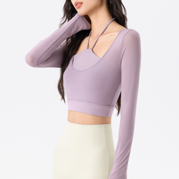 Mesh Yarn False Two Pieces Yoga Clothes Long Sleeve Women with Chest Pad Slim Fit Slimming Halter Short Sports Fitness Top
