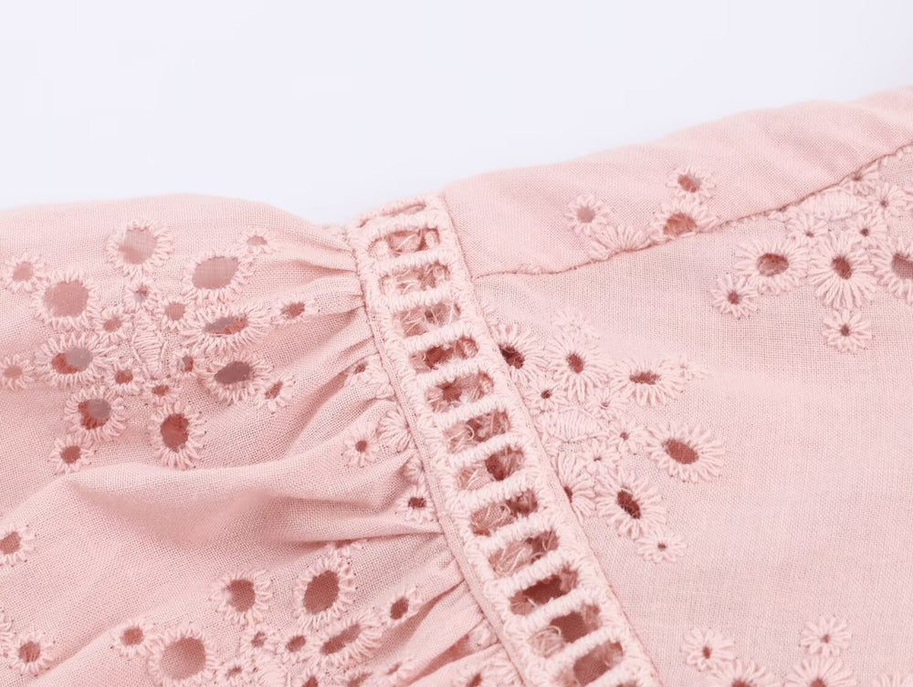 Women Clothing Casual Hollow Out Cutout Embroidered Shirt