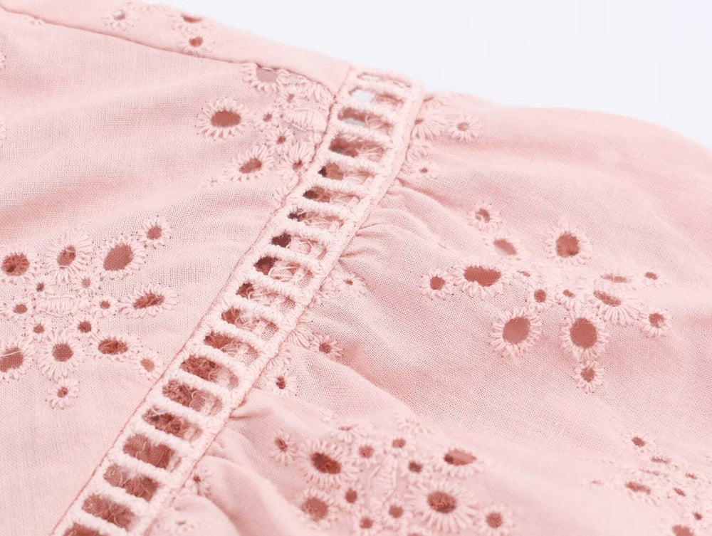 Women Clothing Casual Hollow Out Cutout Embroidered Shirt