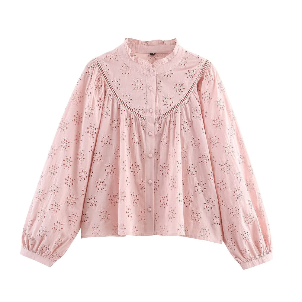 Women Clothing Casual Hollow Out Cutout Embroidered Shirt