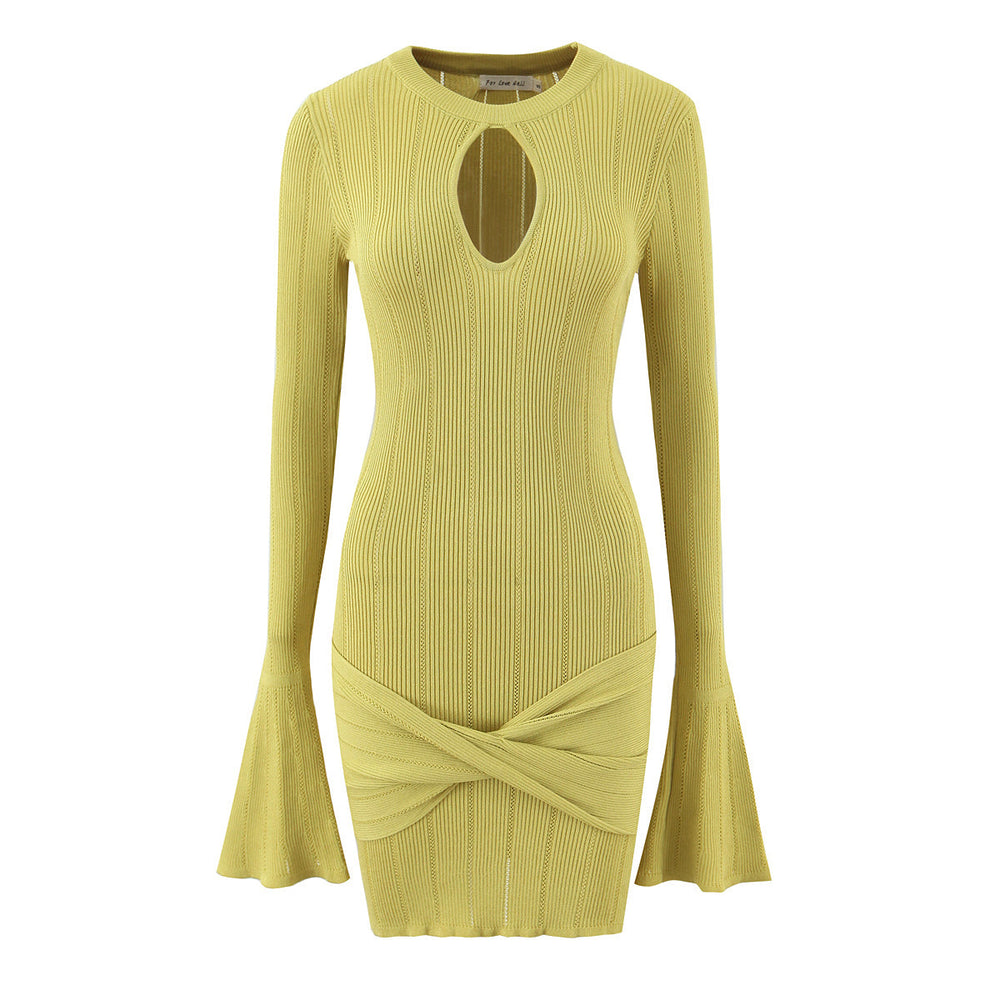 Women Clothing Summer Hollow Out Cutout Slim Sheath Flare Sleeve Knitted Long Sleeved Dress