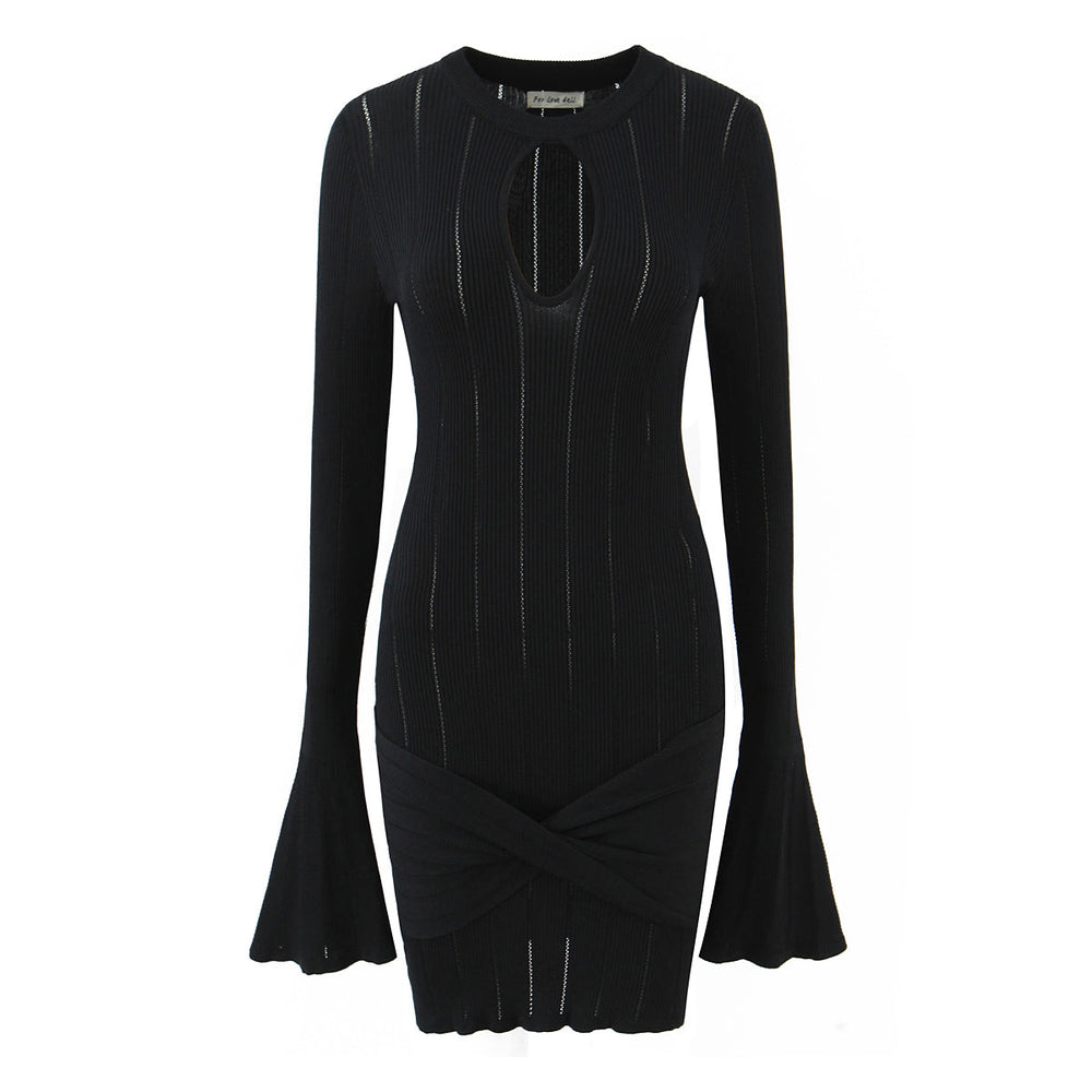 Women Clothing Summer Hollow Out Cutout Slim Sheath Flare Sleeve Knitted Long Sleeved Dress