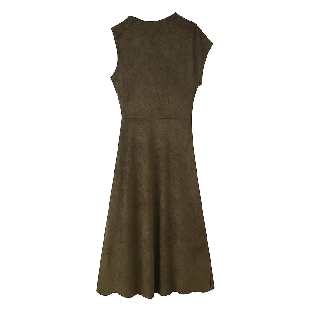 Early Autumn Women Clothing French Suede Leather Mid-Length Irregular Asymmetric Dress