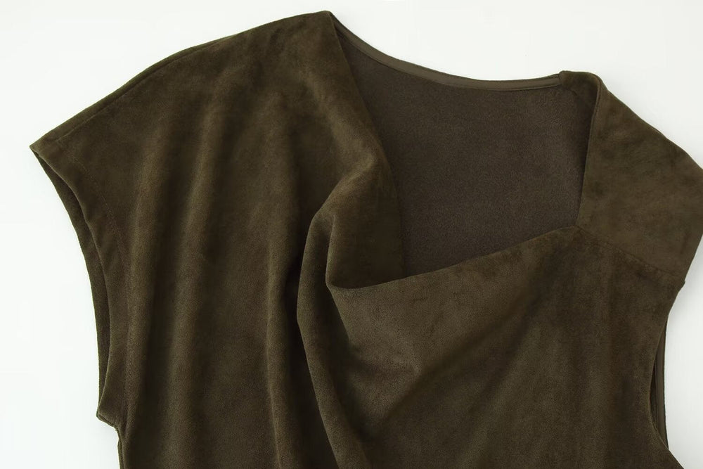 Early Autumn Women Clothing French Suede Leather Mid-Length Irregular Asymmetric Dress